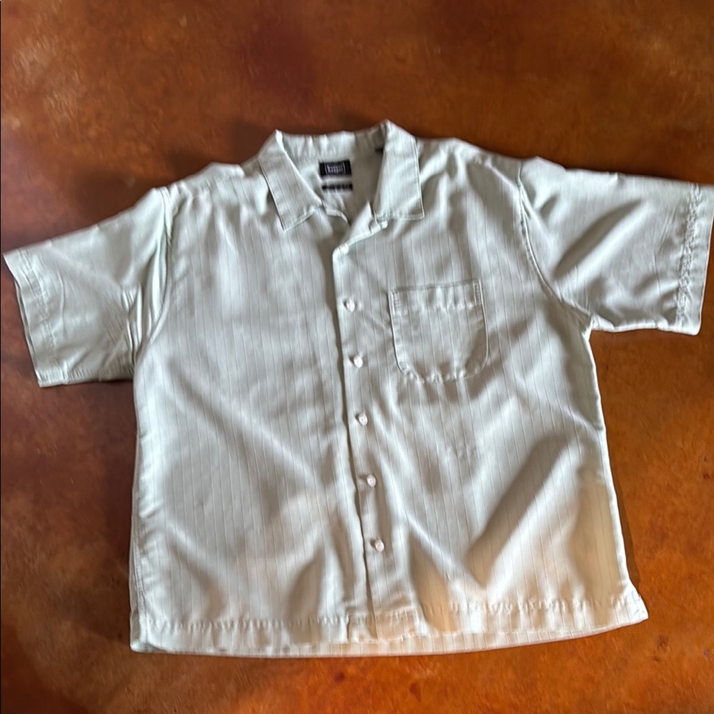 Haggar Cream and Green Casual Button Down Shirt